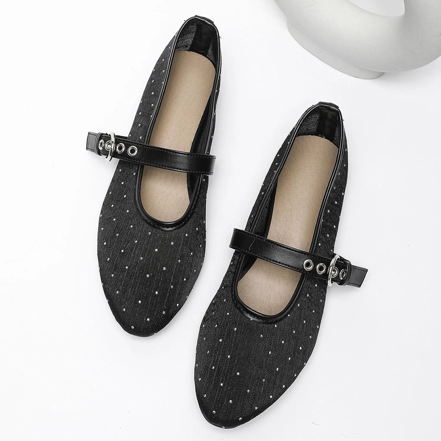 Mesh Mary Jane Flats for Women Ballet Mesh Embroidery Flats Rhinestone Flat Shoes Buckle Ballerina Flats Dressy Comfortable Black Flats