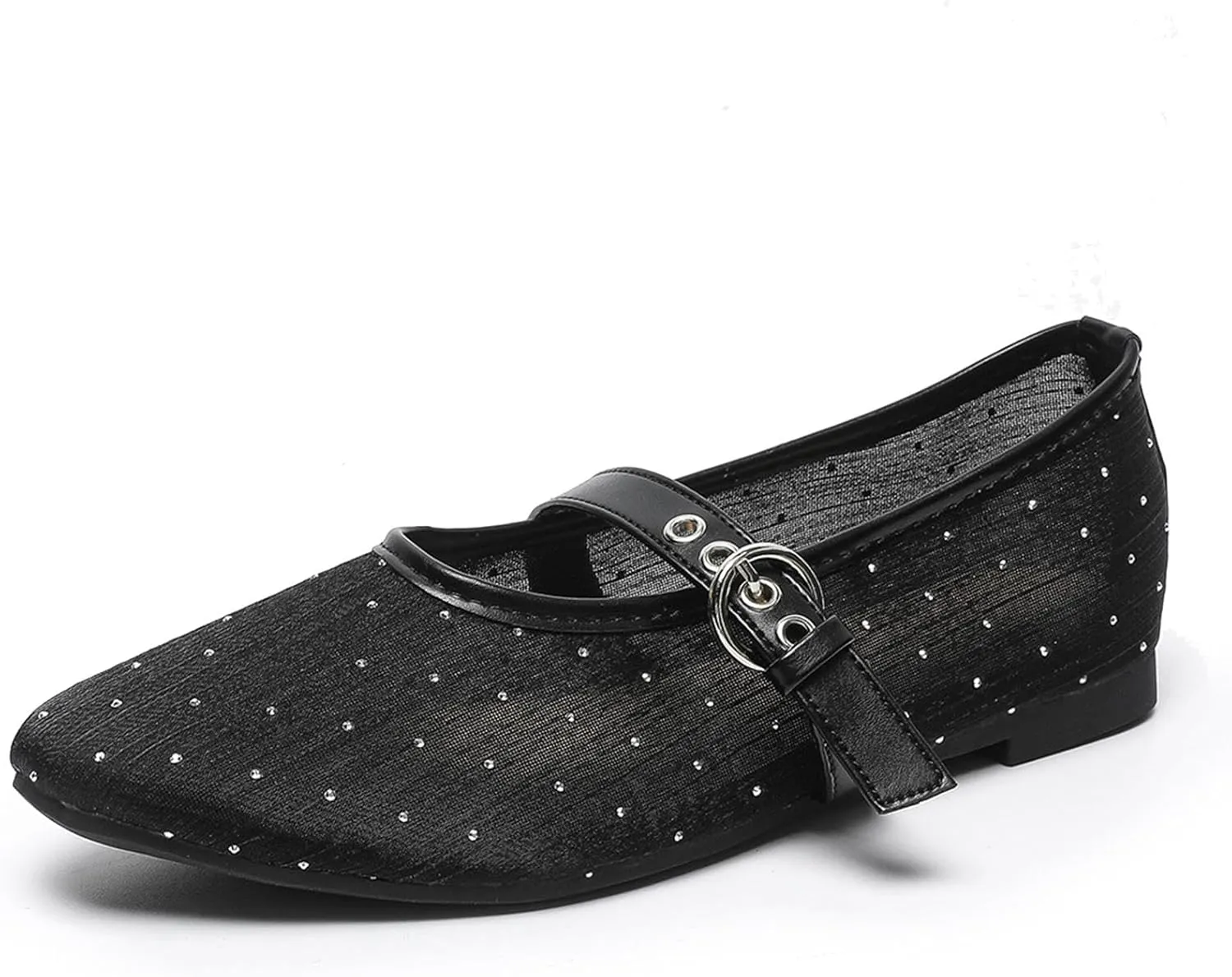 Mesh Mary Jane Flats for Women Ballet Mesh Embroidery Flats Rhinestone Flat Shoes Buckle Ballerina Flats Dressy Comfortable Black Flats