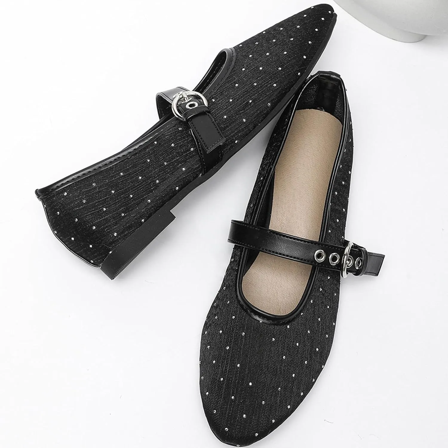 Mesh Mary Jane Flats for Women Ballet Mesh Embroidery Flats Rhinestone Flat Shoes Buckle Ballerina Flats Dressy Comfortable Black Flats