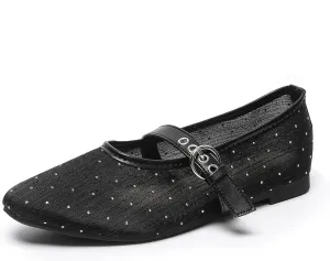 Mesh Mary Jane Flats for Women Ballet Mesh Embroidery Flats Rhinestone Flat Shoes Buckle Ballerina Flats Dressy Comfortable Black Flats