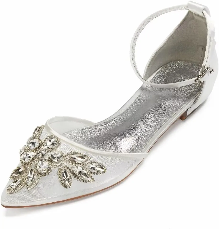 Mesh Rhinestones Wedding Flats for Bride Pointed Toe Formal Party Dress Shoes Flat