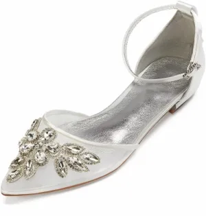 Mesh Rhinestones Wedding Flats for Bride Pointed Toe Formal Party Dress Shoes Flat