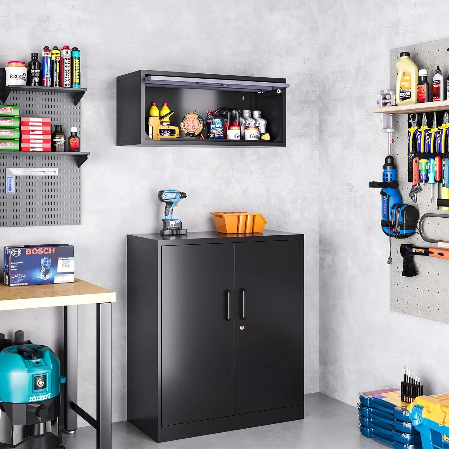 Metal Wall Storage Cabinet, Wall-Mounted Garage Cabinet with Up-Flip Doors, Steel Small Floating Cabinets with Lock for Garage, Bathroom, Kitchen, Black and Grey