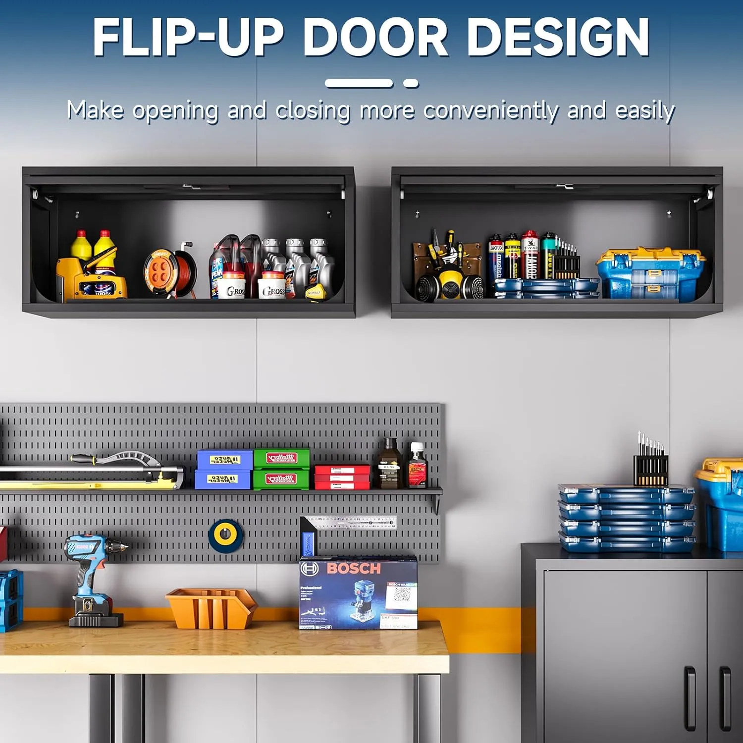 Metal Wall Storage Cabinet, Wall-Mounted Garage Cabinet with Up-Flip Doors, Steel Small Floating Cabinets with Lock for Garage, Bathroom, Kitchen, Black and Grey