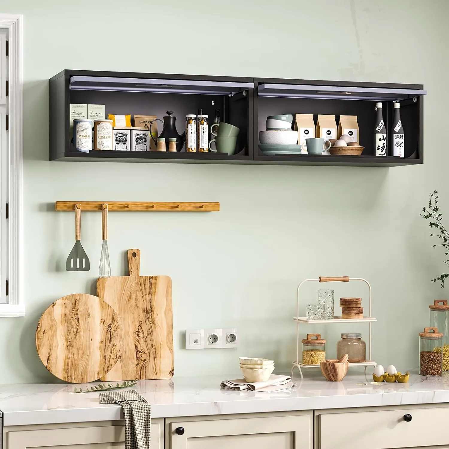 Metal Wall Storage Cabinet, Wall-Mounted Garage Cabinet with Up-Flip Doors, Steel Small Floating Cabinets with Lock for Garage, Bathroom, Kitchen, Black and Grey