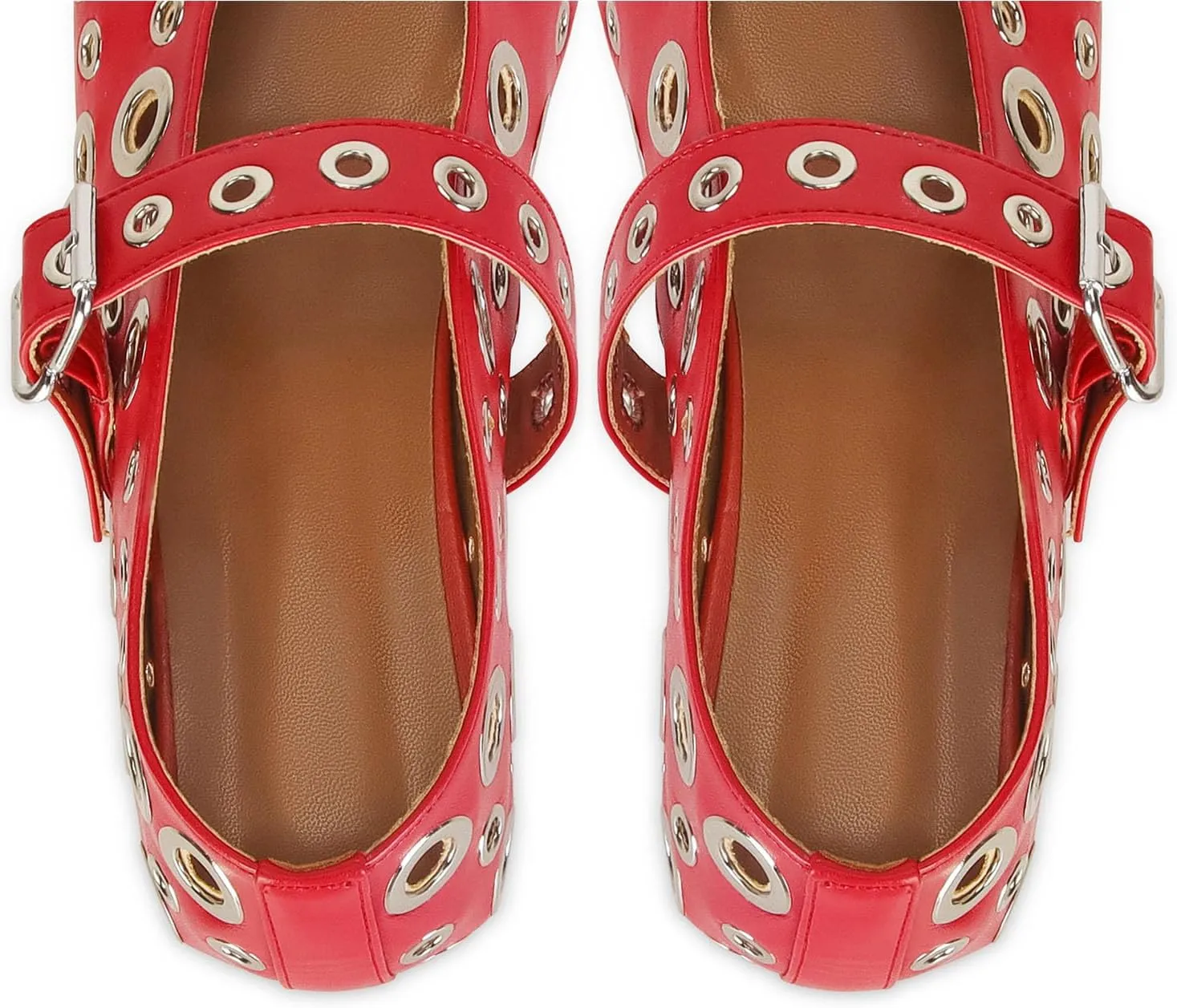 MICIFA Ballet Flats for Women with Buckle Strap Mesh Perforated Metal Studded Mary Jane Comfortable Ballerina Flat Shoes Metallic
