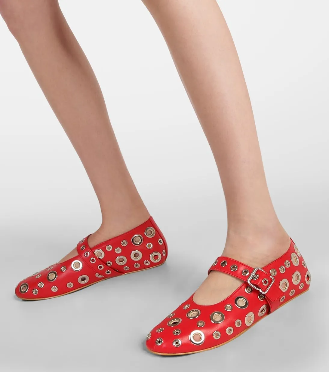 MICIFA Ballet Flats for Women with Buckle Strap Mesh Perforated Metal Studded Mary Jane Comfortable Ballerina Flat Shoes Metallic