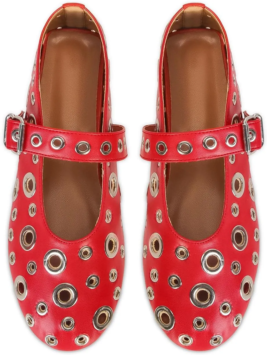 MICIFA Ballet Flats for Women with Buckle Strap Mesh Perforated Metal Studded Mary Jane Comfortable Ballerina Flat Shoes Metallic