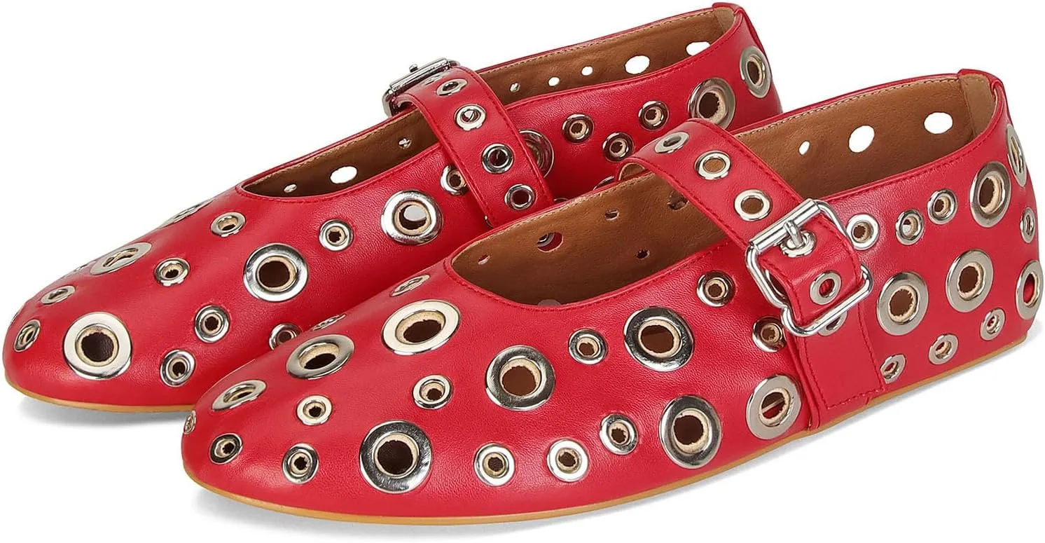 MICIFA Ballet Flats for Women with Buckle Strap Mesh Perforated Metal Studded Mary Jane Comfortable Ballerina Flat Shoes Metallic