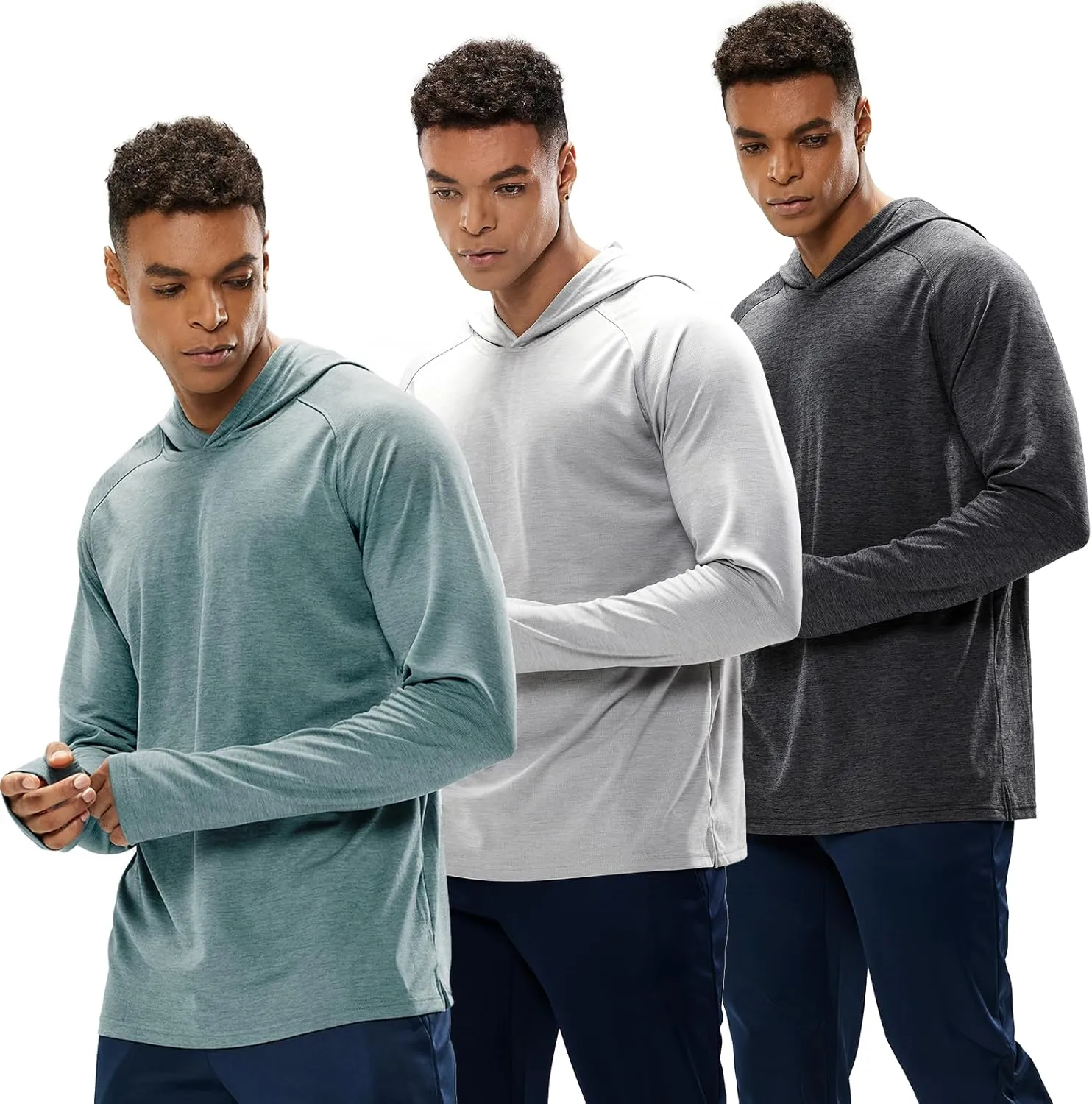 MIER Men's UPF 50  Sun Protection Hoodie Long Sleeve SPF Fishing Hiking Thumbhole Hooded Shirts Quick Dry, 3 Pack
