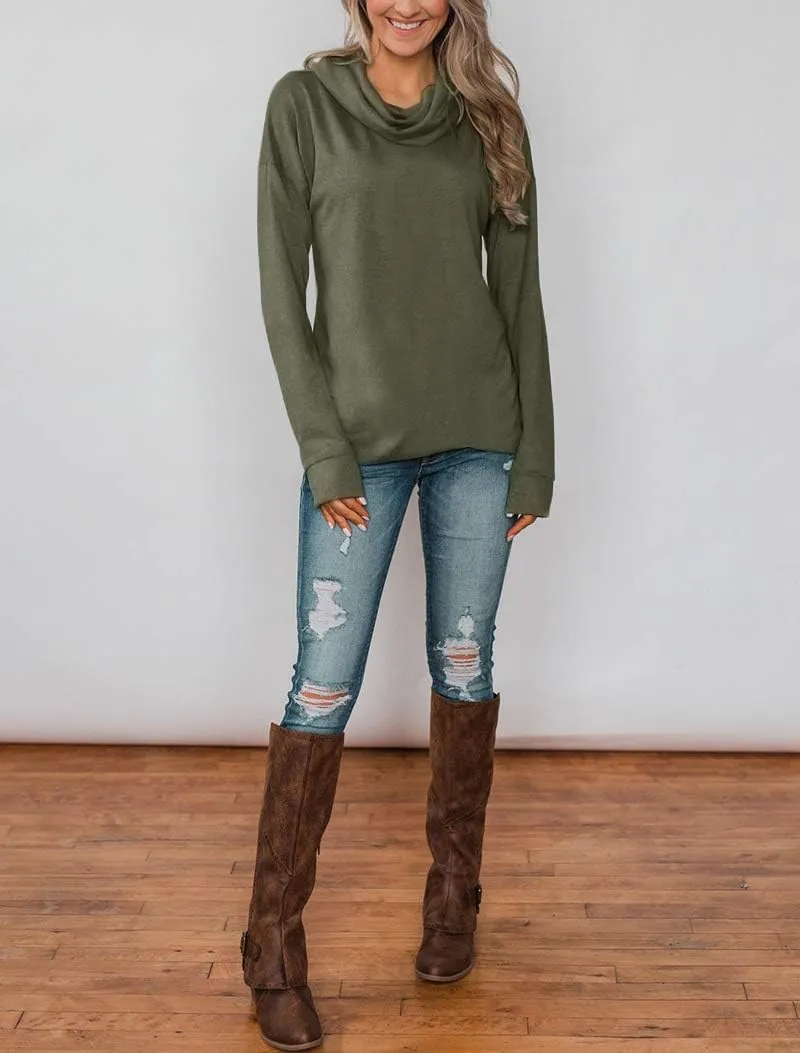 Minthunter Women's Long Sleeve Pullovers Cowl Neck Tunic Shirt Casual Sweatshirt Tops