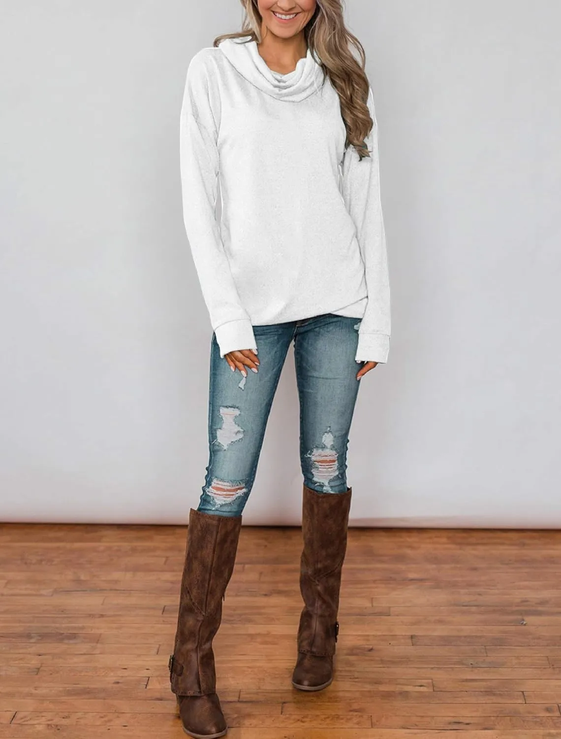 Minthunter Women's Long Sleeve Pullovers Cowl Neck Tunic Shirt Casual Sweatshirt Tops