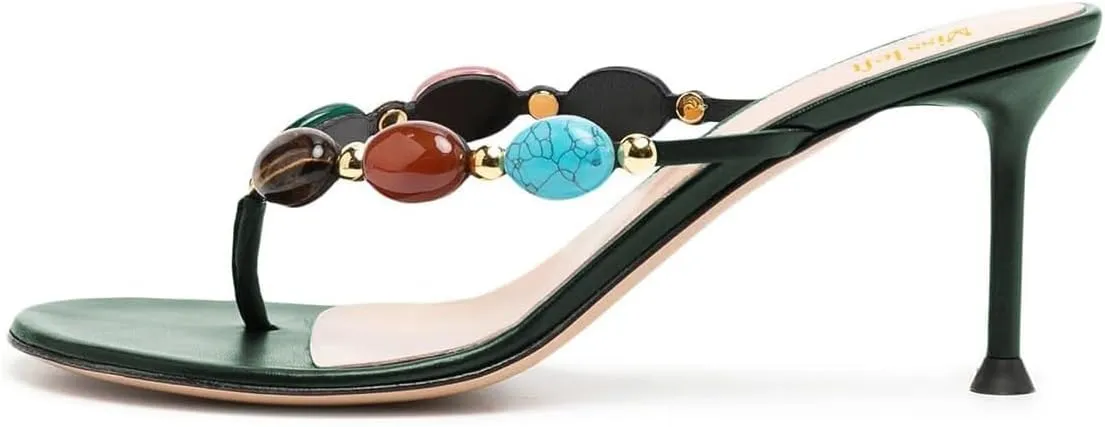miss left Women Jewelled Open Toe Flip Flops Sexy Thin High Heel Slip on Thong Sandals Comfy Summer Party Shoes Size 4-16 US