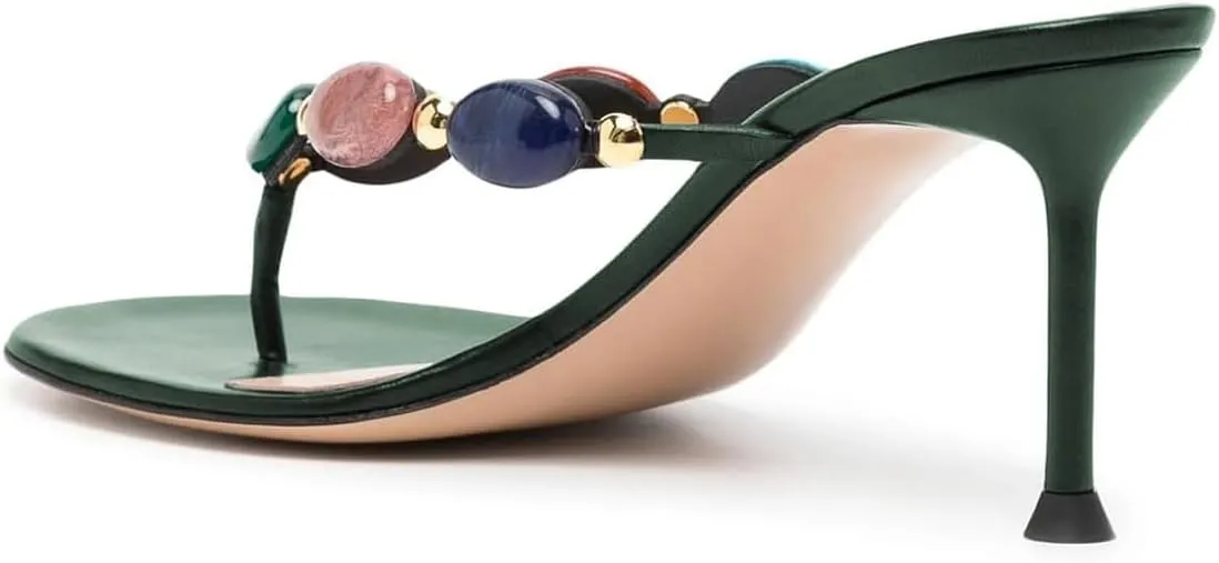 miss left Women Jewelled Open Toe Flip Flops Sexy Thin High Heel Slip on Thong Sandals Comfy Summer Party Shoes Size 4-16 US