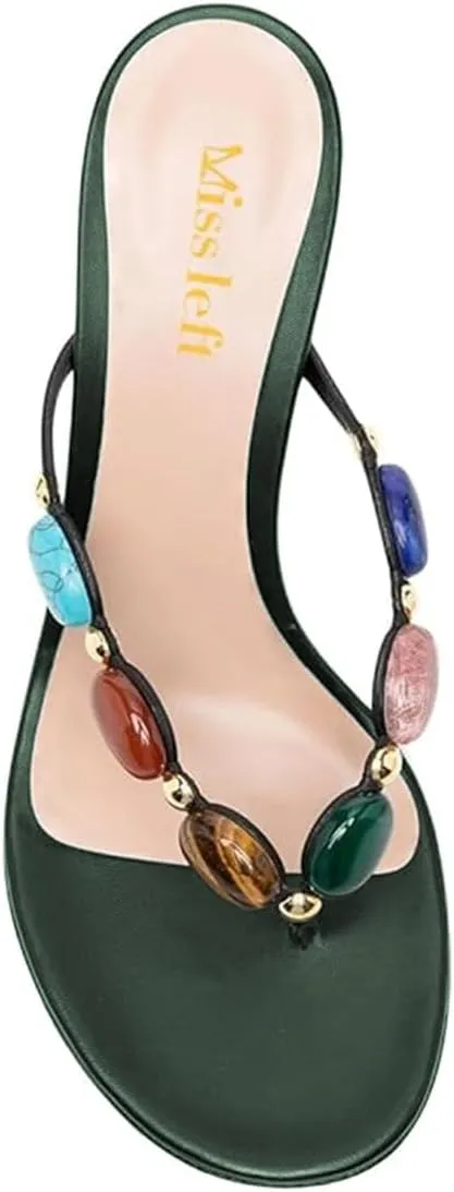 miss left Women Jewelled Open Toe Flip Flops Sexy Thin High Heel Slip on Thong Sandals Comfy Summer Party Shoes Size 4-16 US