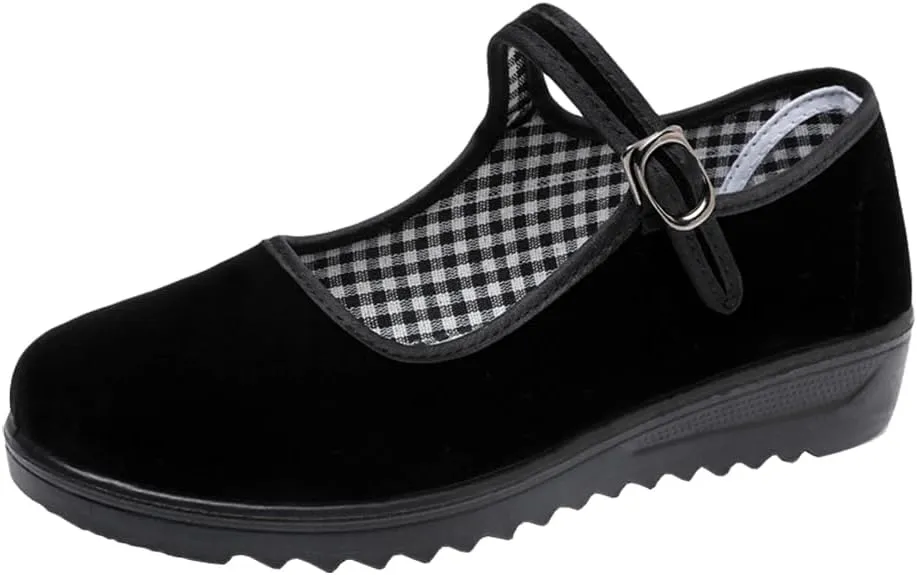 missfiona Black Velvet Mary Jane Shoes for Women China Dance Flat Old Beijing Cloth Walking Shoes