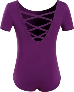 MOLLDAN Girls Dance Ballet Leotards Short Sleeve Criss Cross Straps Back