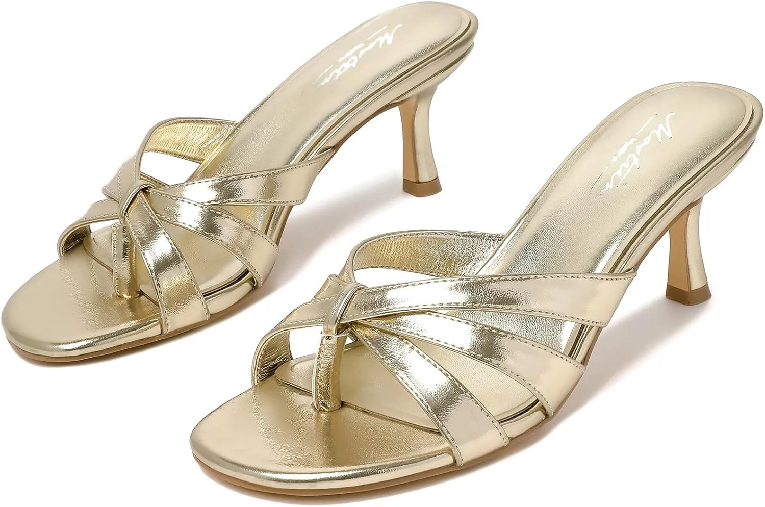 Mostrin Strappy Kitten Heels for Women Round Open Toe Flip Flops Slip On Mules Heels Fashion Thong Heeled Sandals for Party Wedding Holiday