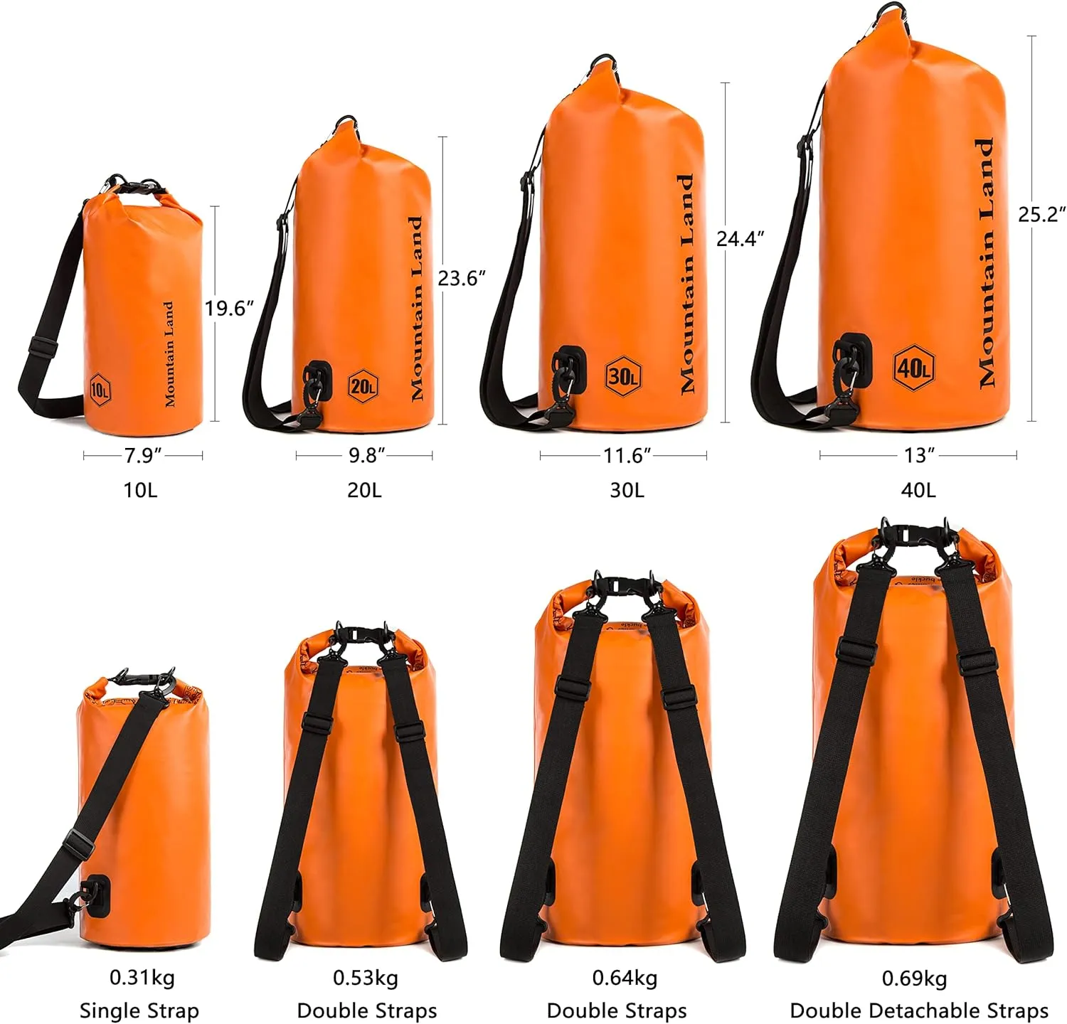 Mountain Land Waterproof Beach Dry Bag 30L Roll Top Backpack Boat Bag Dry Sack for Kayaking Rafting Fishing Hiking Camping Orange