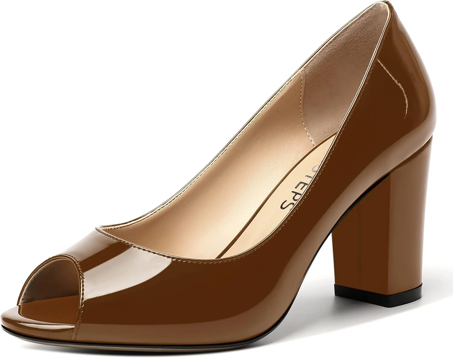 MOVINSTEPS Womens Party Slip On Patent Peep Toe Sexy Block High Heel Pumps Shoes 3.3 Inch