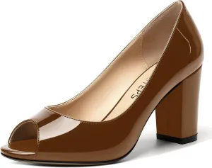 MOVINSTEPS Womens Party Slip On Patent Peep Toe Sexy Block High Heel Pumps Shoes 3.3 Inch