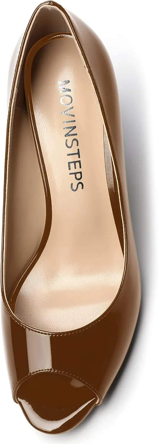 MOVINSTEPS Womens Party Slip On Patent Peep Toe Sexy Block High Heel Pumps Shoes 3.3 Inch