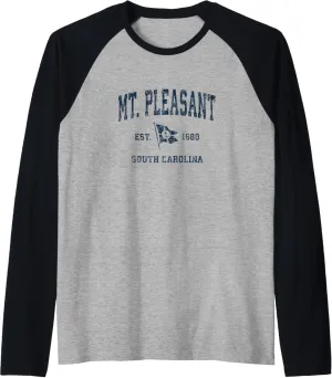 Mt. Pleasant SC Vintage Sports Navy Boat Anchor Flag Raglan Baseball Tee