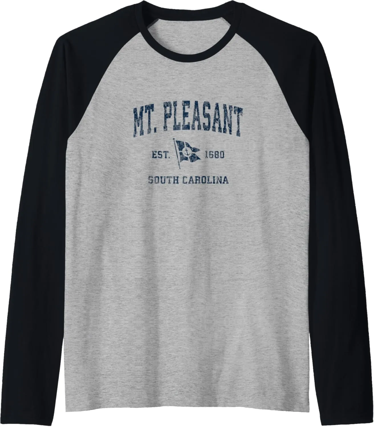 Mt. Pleasant SC Vintage Sports Navy Boat Anchor Flag Raglan Baseball Tee