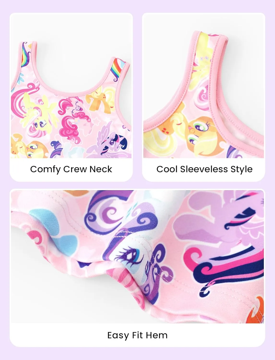 My Little Pony Girls Dress, Unicorn & Rainbow Print Sleeveless Casual Style Summer Sundress, Party & Playdate Outfit A-Line