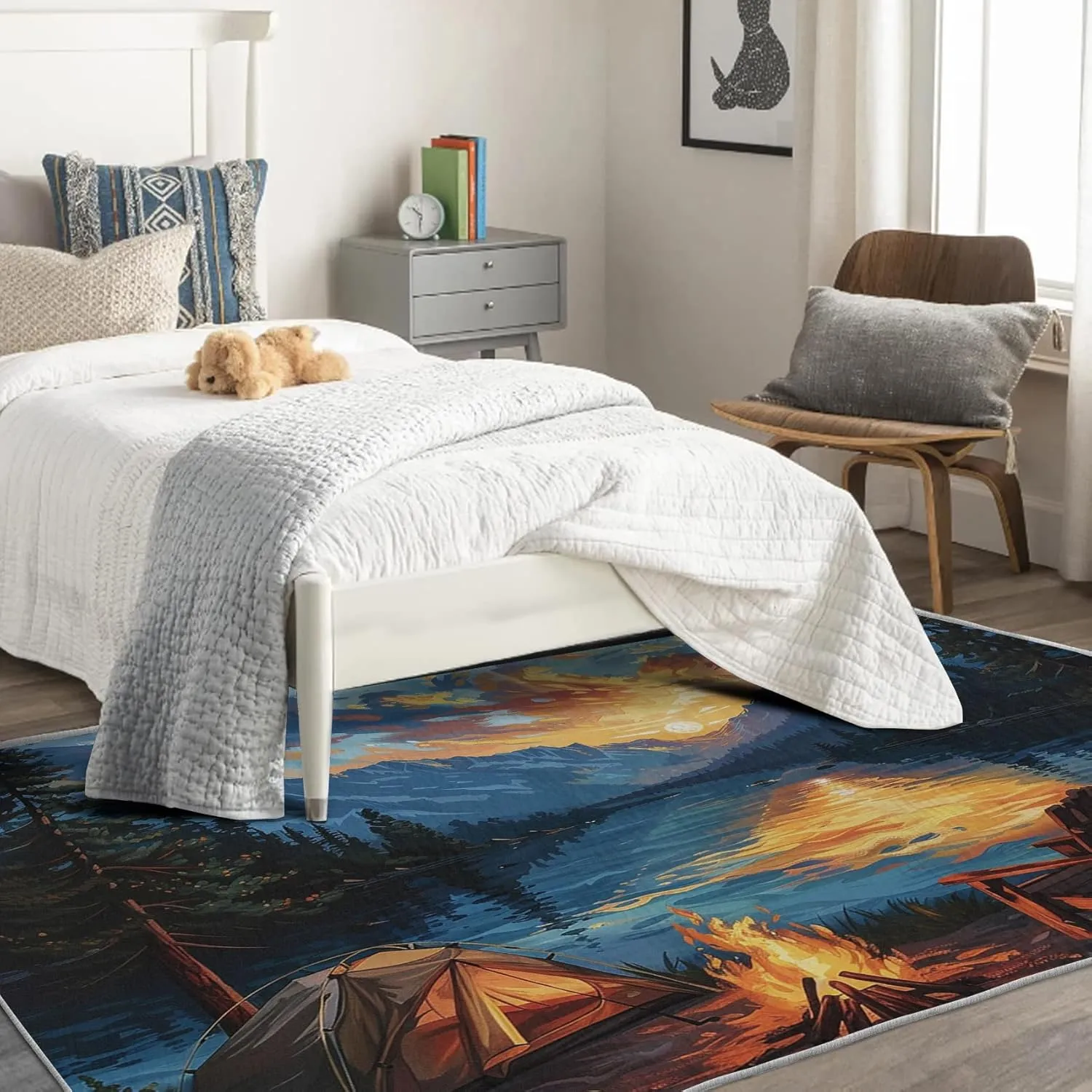 Nature Scene Rug 5x8, Washable Mountain Landscape Rugs for Living Room Bedroom, Camping Sunset Lake Area Rug for Home Decor, Non Slip Backing Floor Carpet - 5 x 8 ft