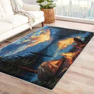 Nature Scene Rug 5x8, Washable Mountain Landscape Rugs for Living Room Bedroom, Camping Sunset Lake Area Rug for Home Decor, Non Slip Backing Floor Carpet - 5 x 8 ft
