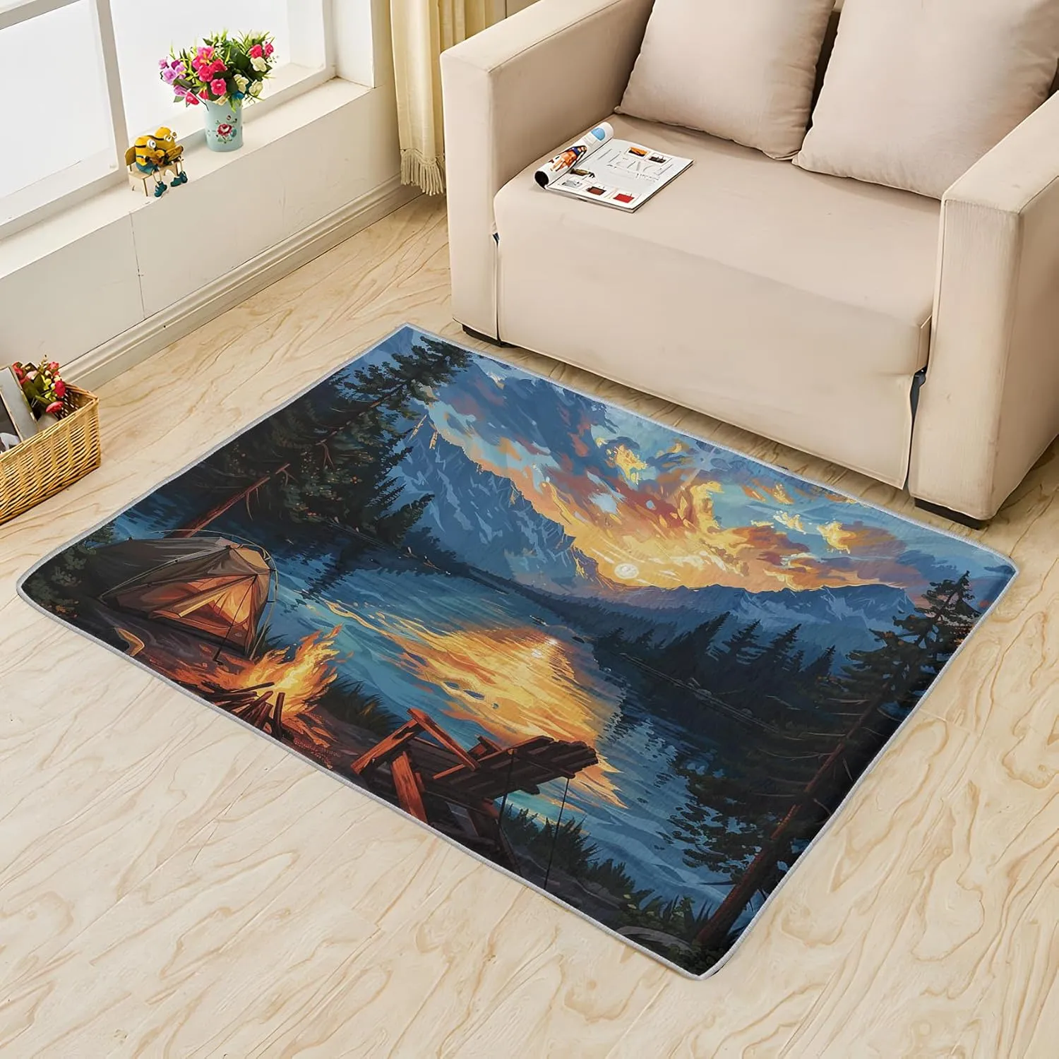 Nature Scene Rug 5x8, Washable Mountain Landscape Rugs for Living Room Bedroom, Camping Sunset Lake Area Rug for Home Decor, Non Slip Backing Floor Carpet - 5 x 8 ft