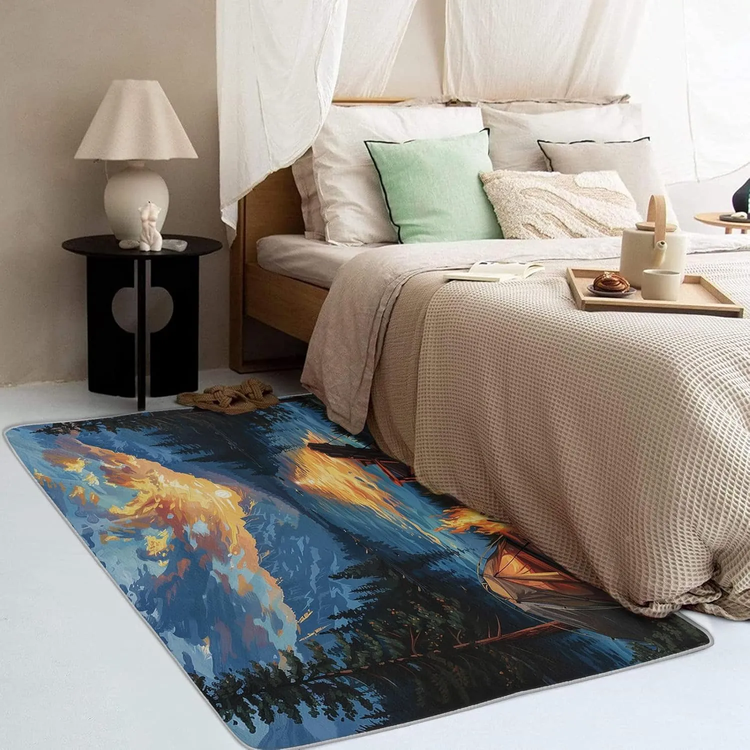 Nature Scene Rug 5x8, Washable Mountain Landscape Rugs for Living Room Bedroom, Camping Sunset Lake Area Rug for Home Decor, Non Slip Backing Floor Carpet - 5 x 8 ft