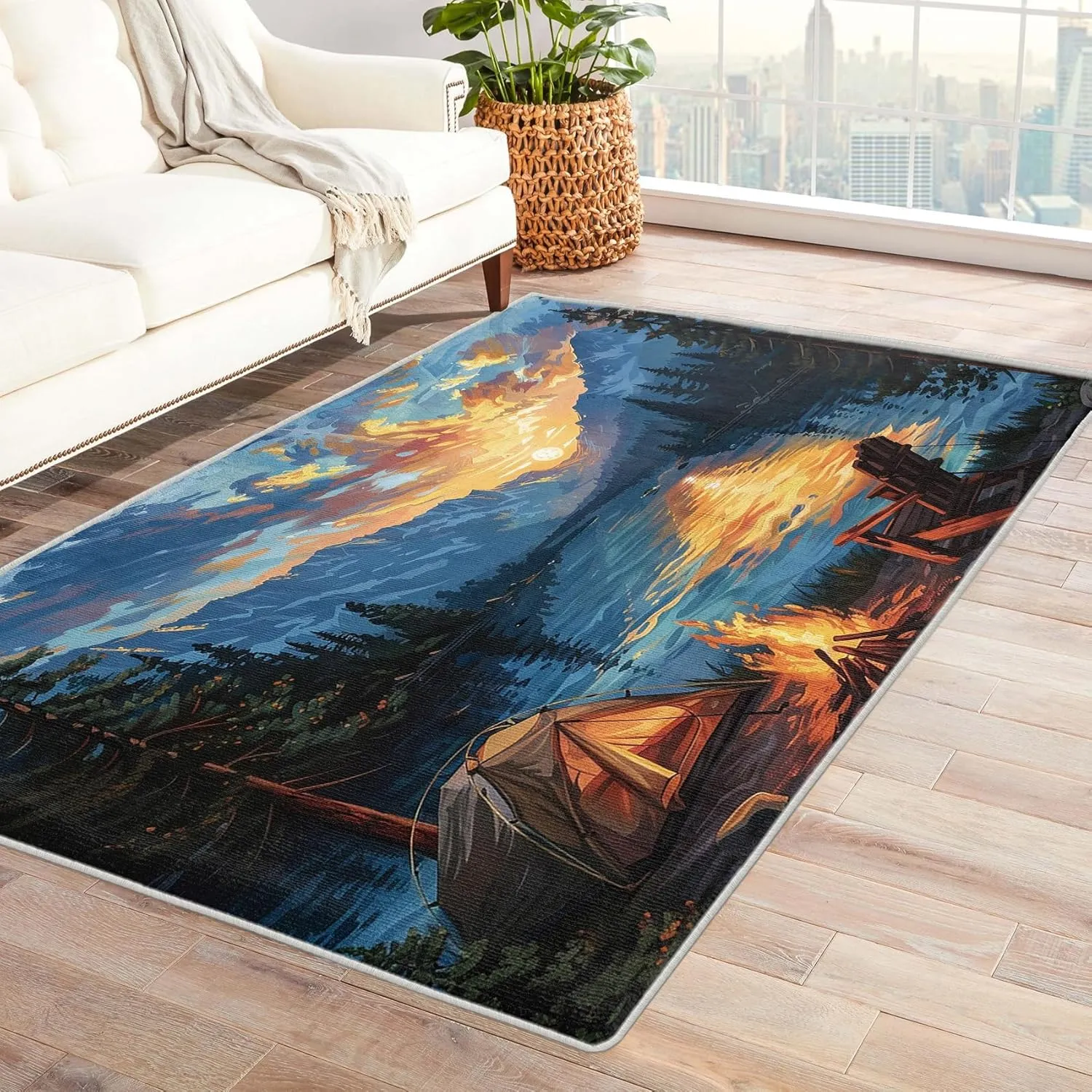 Nature Scene Rug 5x8, Washable Mountain Landscape Rugs for Living Room Bedroom, Camping Sunset Lake Area Rug for Home Decor, Non Slip Backing Floor Carpet - 5 x 8 ft