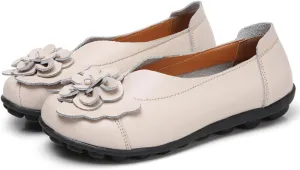 NEKGNL Women's Genuine Leather Flowers Loafers Comfortable Round Toe Soft Bottom Slip On Driving Flats Lightweight Non-Slip Mom Nurse Walking Shoes