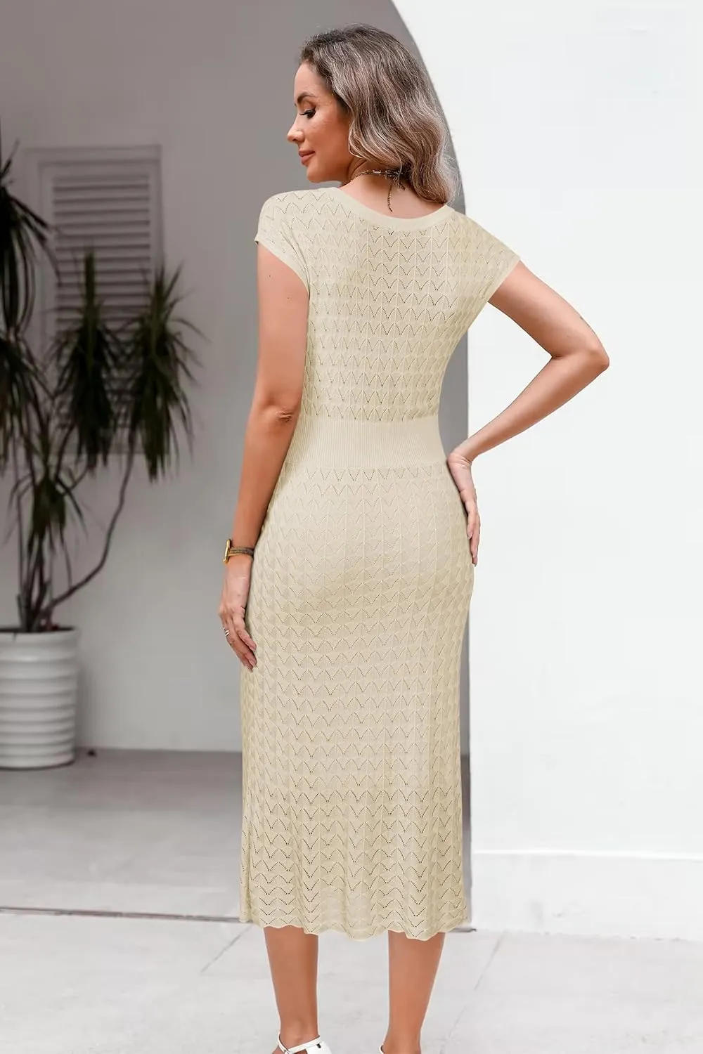 Newshows Women Summer 2025 Teacher Outfits Work Midi Boat Neck Cap Sleeve Hollow Knit Modest Business Casual Dress