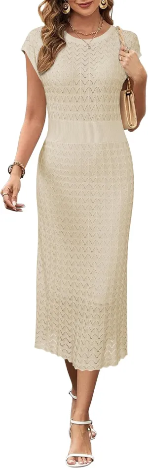 Newshows Women Summer 2025 Teacher Outfits Work Midi Boat Neck Cap Sleeve Hollow Knit Modest Business Casual Dress