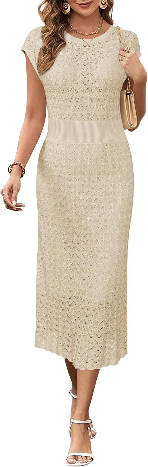 Newshows Women Summer 2025 Teacher Outfits Work Midi Boat Neck Cap Sleeve Hollow Knit Modest Business Casual Dress
