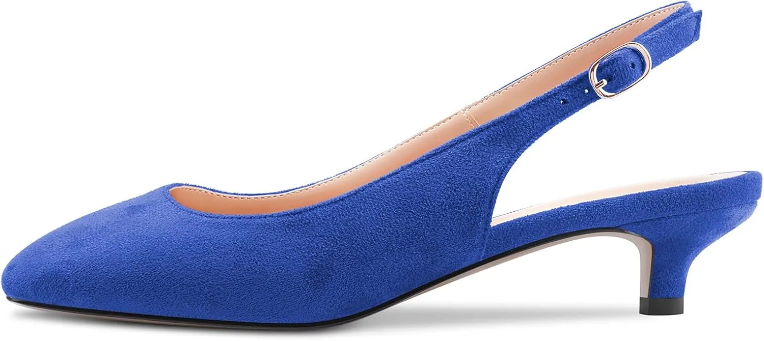 NobleOnly Stiletto Low Kitten Heel Close Toe Slip-on Pumps Slingback Buckle Dress Sandals 1.4 Inches Heels Shoes