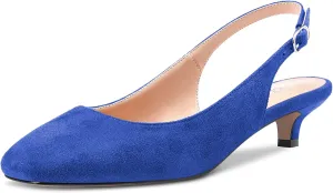 NobleOnly Stiletto Low Kitten Heel Close Toe Slip-on Pumps Slingback Buckle Dress Sandals 1.4 Inches Heels Shoes