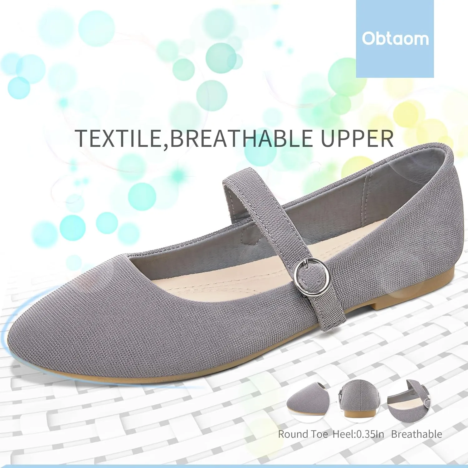 Obtaom Mary Jane Flat Shoes Round Toe Ballet Flats for Women Dressy Fabric Business Flats Comfortable Classic Strap Flats for Office