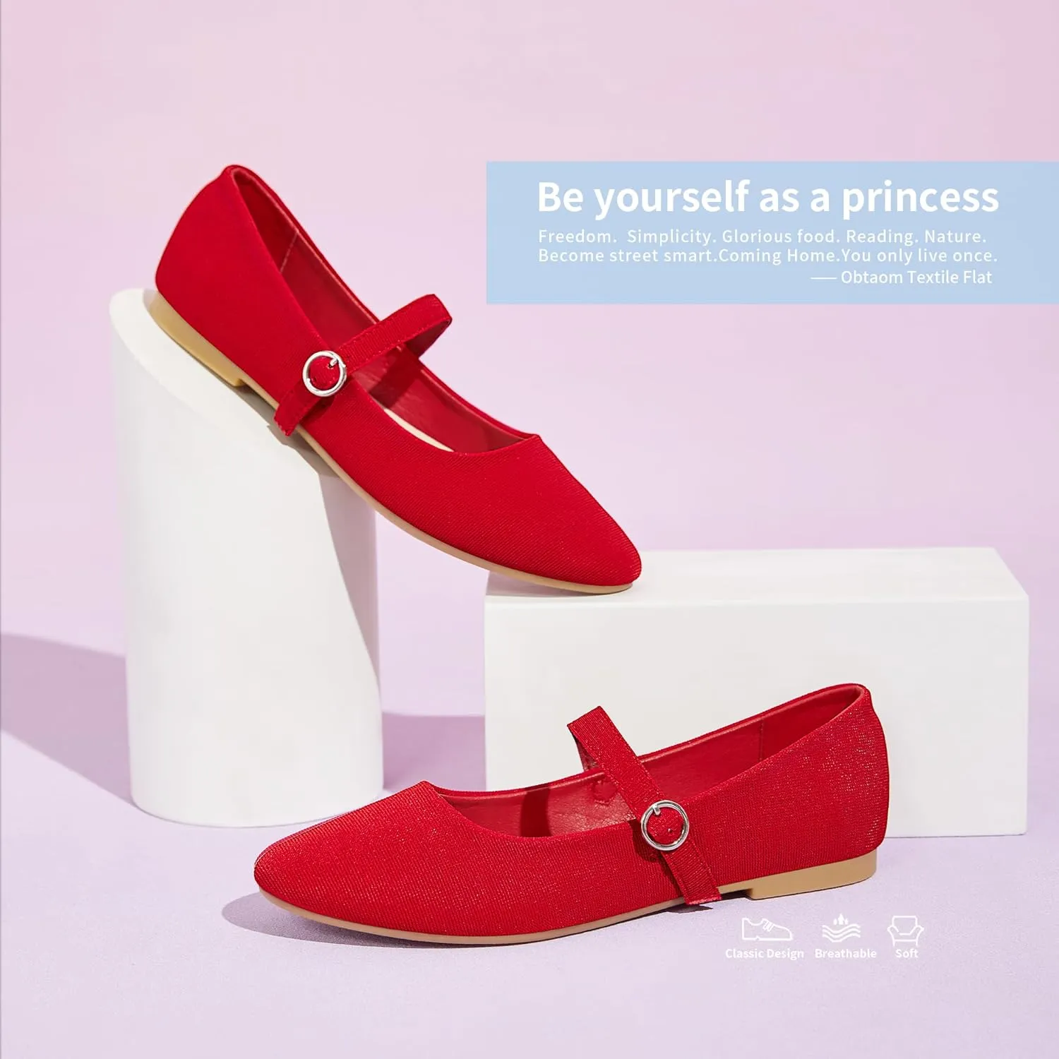 Obtaom Mary Jane Flat Shoes Round Toe Ballet Flats for Women Dressy Fabric Business Flats Comfortable Classic Strap Flats for Office
