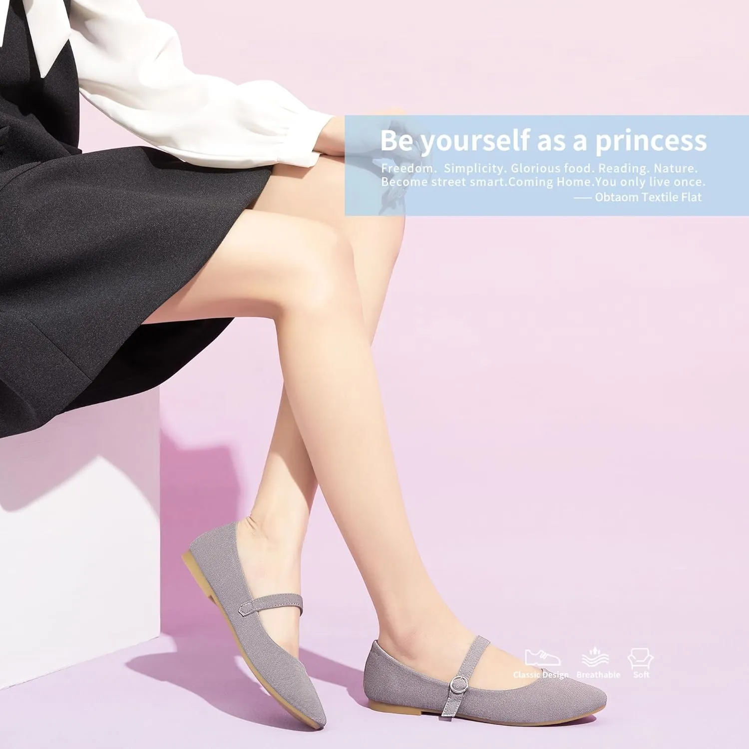 Obtaom Mary Jane Flat Shoes Round Toe Ballet Flats for Women Dressy Fabric Business Flats Comfortable Classic Strap Flats for Office