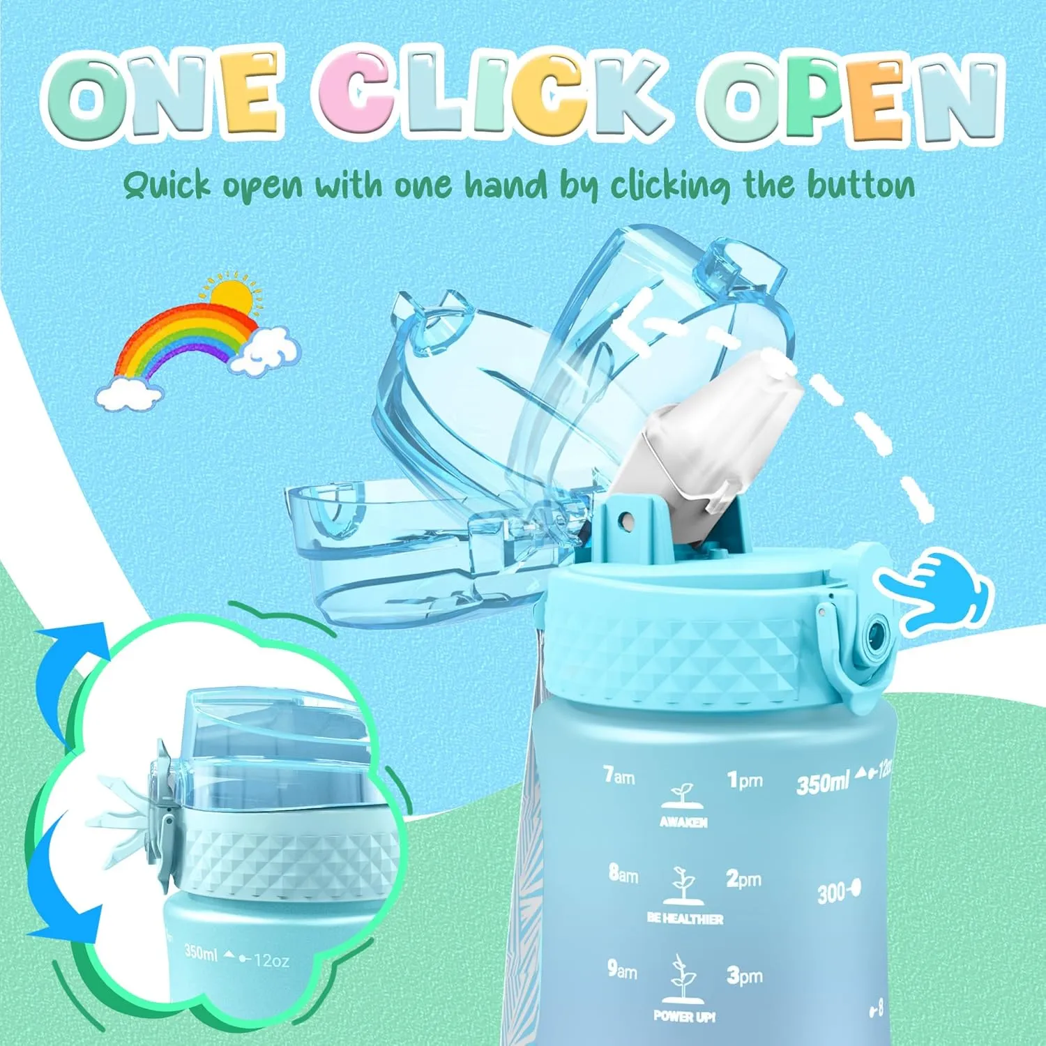 OLDLEY Kids Water Bottle for School, 12 oz (2 lids) BPA-Free Reusable Leak-proof Durable Tritan Plastic Water Bottles with Straw & Chug Lids, Anti-dust Spout Cover (Bluenavy)