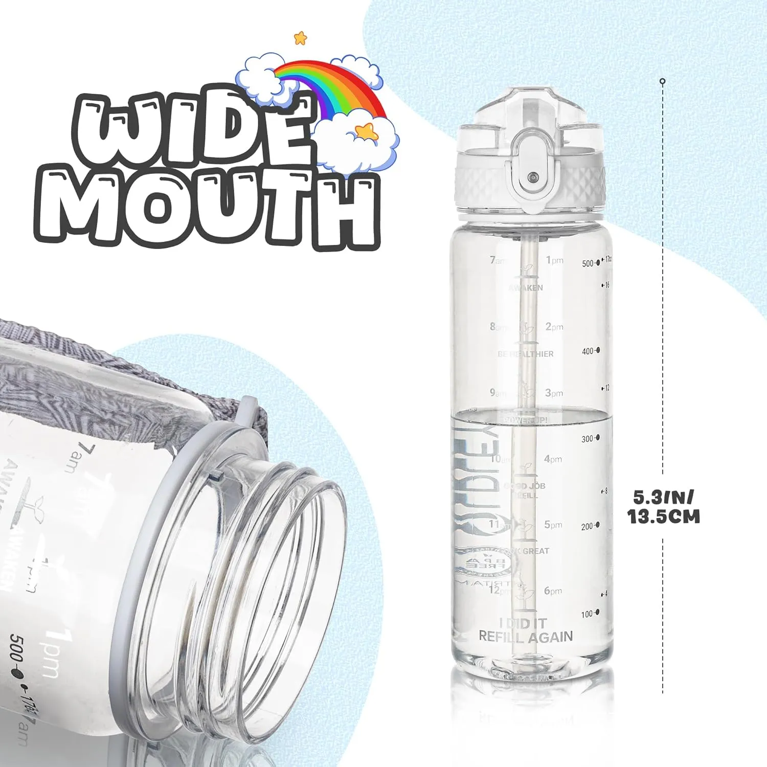 OLDLEY Kids Water Bottle for School, 17 oz (2 lids) BPA-Free Reusable Leak-proof Durable Tritan Plastic Water Bottles with Straw & Chug Lids, Anti-dust Spout Cover (Clear)