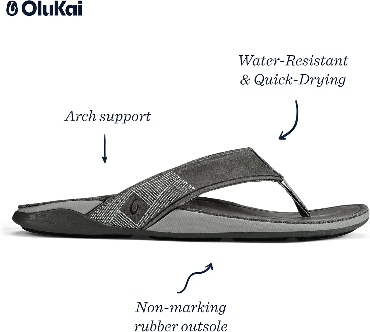OLUKAI Tuahine Men's Waterproof Leather Sandals, Versatile Beach Flip Flops, Arch Support & Comfort Fit, Lightweight & Durable, Enhanced Grip & Traction