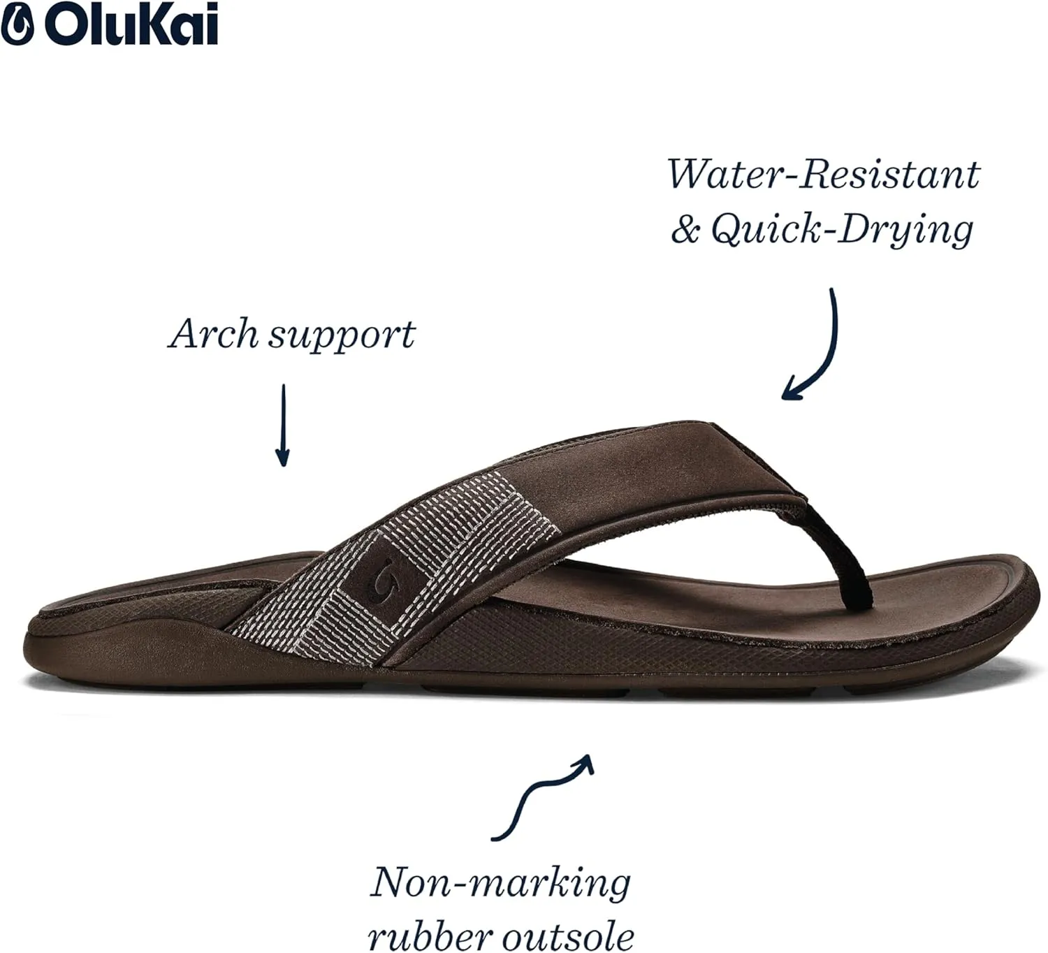 OLUKAI Tuahine Men's Waterproof Leather Sandals, Versatile Beach Flip Flops, Arch Support & Comfort Fit, Lightweight & Durable, Enhanced Grip & Traction