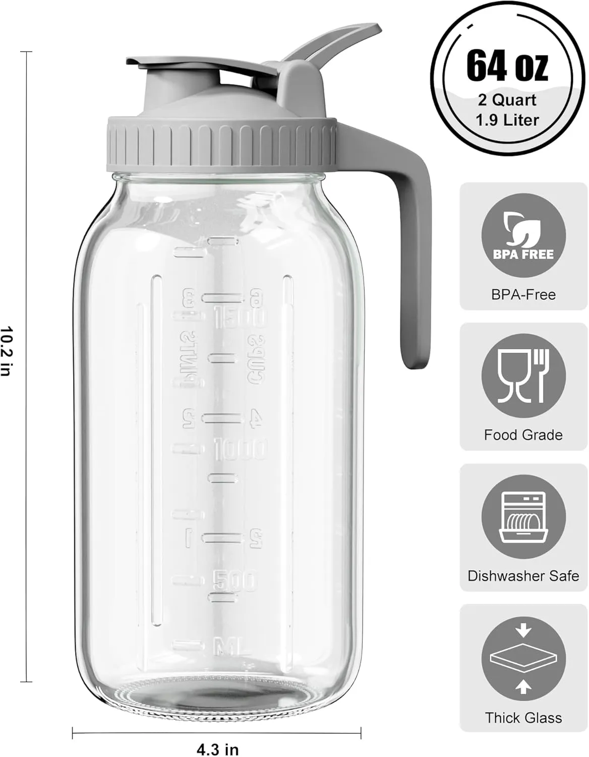 OneDream Glass Pitcher with Lid, 64 oz Large Mason Jar Wide Mouth, Sun Tea Glass Jar for Outside, Iced Tea Pitcher for Cold Beverages, Breast Milk, and Home Entertaining