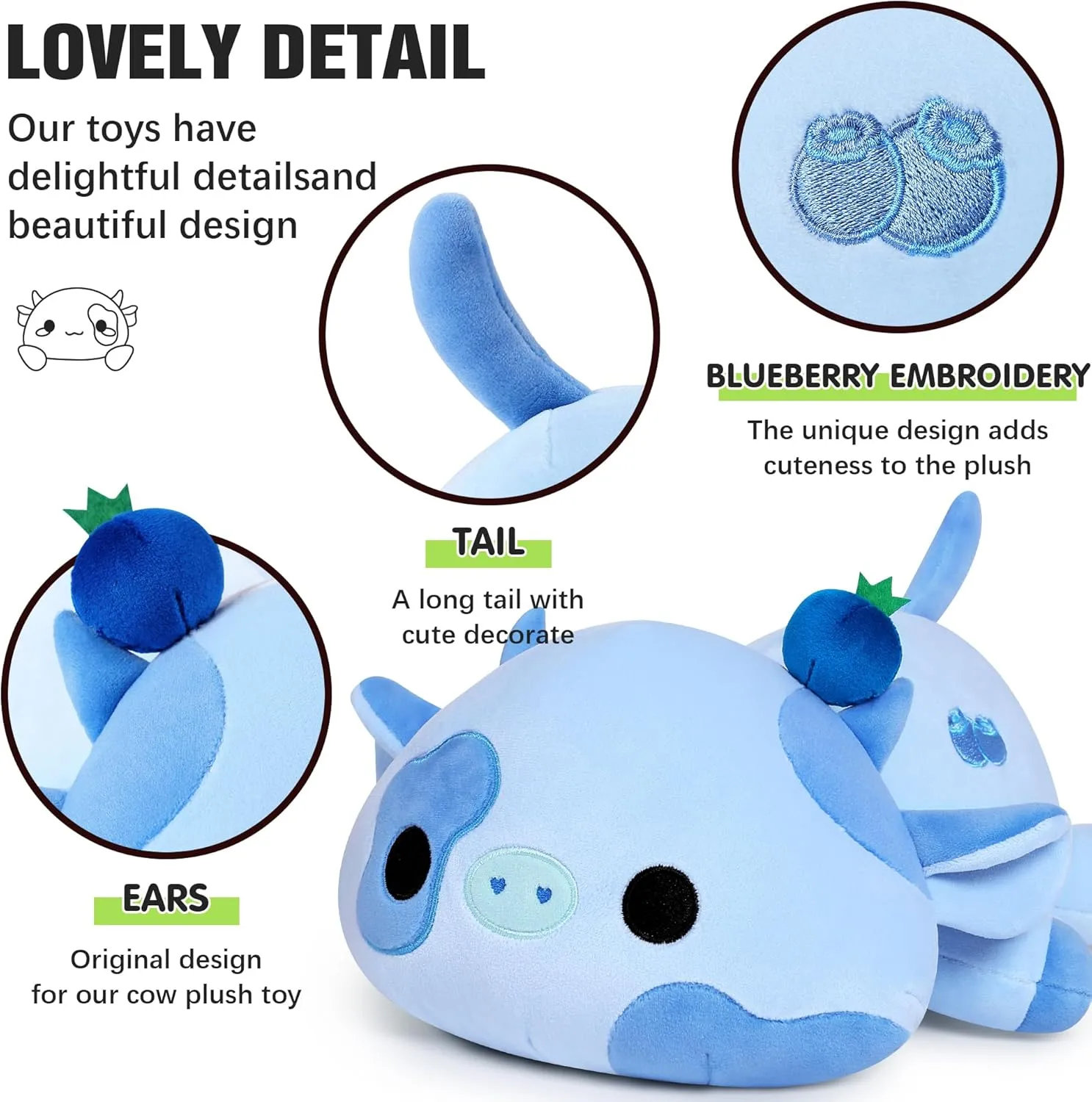 Onsoyours 9 Inch Cow Plush with Blueberry Headwear, Cute Blueberry Cow Stuffed Animal, Little Ultrasoft Plush Toy Gift for Kids