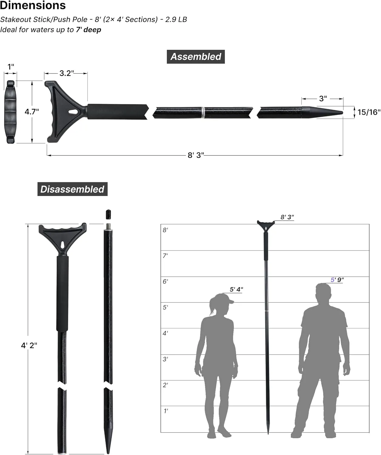 Pactrade Marine Push Pole for Boat - Lightweight Nylon Tip/Heavy-Duty Steel Tip - Anchor Pole for Boat ing Kayaking Angling - Stand Assist, Stealth, Precision - Kayak Accessories